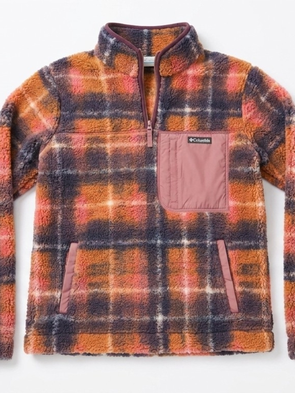Columbia Plaid Sherpa Pullover - Orange, Charcoal, Pink Size XL